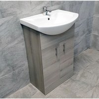 Hydros - Grey Ash Finish Vanity Basin Sink Unit 550mm Bathroom Storage Cupboard 2 Door, With Amy Curved Tap