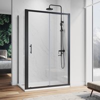 Sliding Shower Enclosure 1200 x 900 mm 6mm Safety Glass Reversible Bathroom Cubicle Screen Door with Side Panel-Matt Black Frame + Shower Tray and