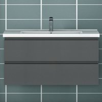 Acezanble - 1000mm Bathroom Vanity Unit With Wash Basin Resin Sink, 2 Drawers, High Gloss Grey, Cloakroom Storage Furniture Under Basin Cabinet, Wall