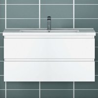 1000mm Bathroom Vanity Unit With Wash Basin Resin Sink, 2 Drawers, High Gloss White, Cloakroom Storage Furniture Under Basin Cabinet, Wall Hung