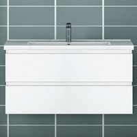 1000mm Bathroom Vanity Unit With Wash Basin Ceramic Sink, 2 Drawers, High Gloss White, Cloakroom Storage Furniture Under Basin Cabinet, Wall Hung