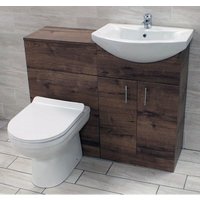 1050mm Walnut Oak Finish Bathroom Furniture Vanity Set Basin Sink + Toilet Unit, With standard pan-With Uma small tap & waste