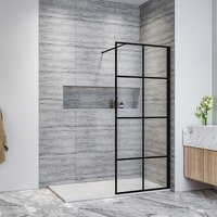 Elegant - Black 800mm Walk in Shower Screen + 1200x700mm Anti-Slip Resin Shower Tray, 8mm Safety Tempered Glass Bathroom Open Entry Shower Screen