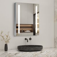 Bathroom Mirror Cabinet with LED Lights, 600x800mm Illuminated LED Bathroom Mirror Cabinet with Shaver Socket Dimmable Switch 3 Colors and Demister