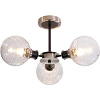 Plattsburgh Semi Ceiling, 3 Light E14 IP44 With 15cm Round Textured Melting Glass Shade, Satin Nickel, Clear & Satin Black