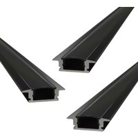 Pack of 3 Black Aluminium Profiles, Recessed With Cover and End Caps, 2M